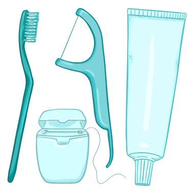 Vektör karikatür diş fırça öğeler kümesi. Diş fırçası, diş ipi, Dentifrice.