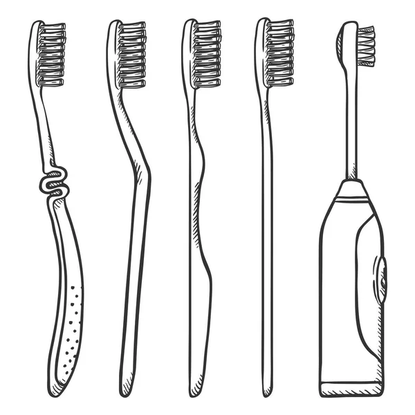 Set Van Zwart Penciling Schets Tandenborstels Witte Achtergrond — Stockvector
