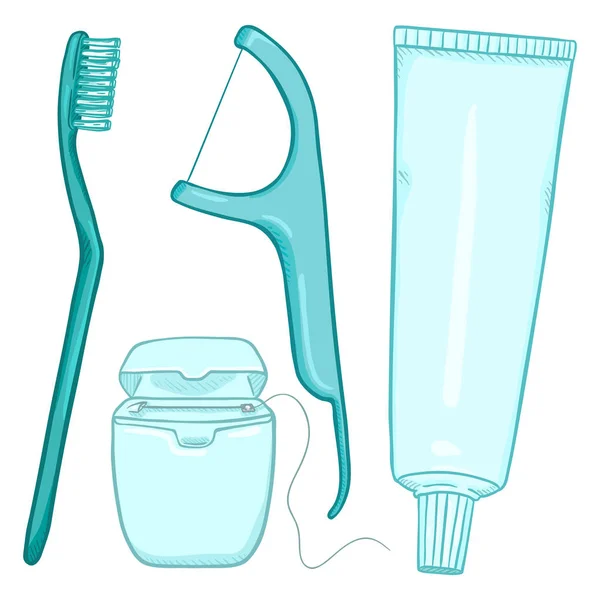 Vector Set Cartoon Tooth Brushing Items Tooth Brush Dental Floss — Stock Vector