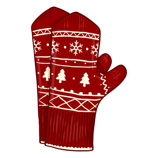 Rote Strickhandschuhe Mit Weihnachtsschmuck Auf Weißem Hintergrund — Stockvektor