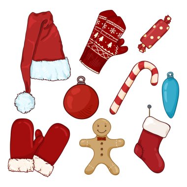 Dizi karikatür renk Noel giysileri ve dekorasyon.