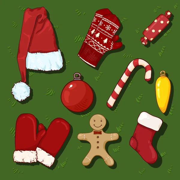 Set Von Cartoon Farb Weihnachtssymbolen Kleidung Und Dekorationen Auf Grünem — Stockvektor