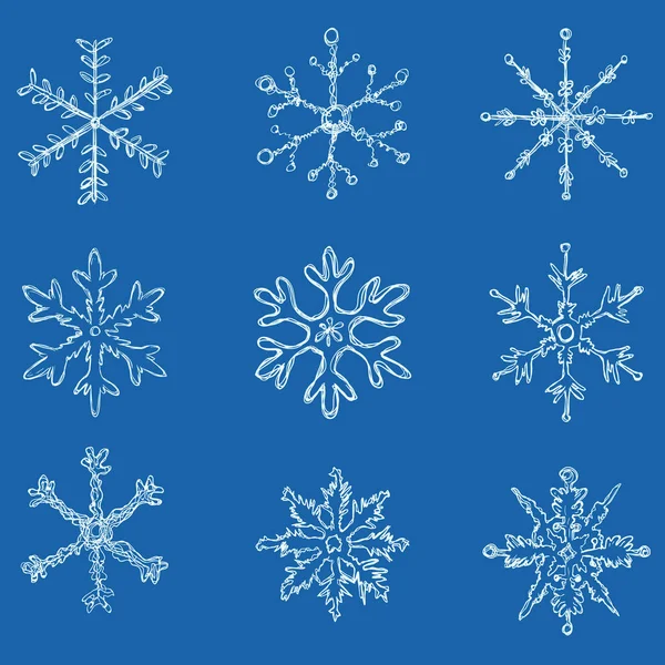 Conjunto Copos Nieve Boceto Blanco Sobre Fondo Azul — Vector de stock