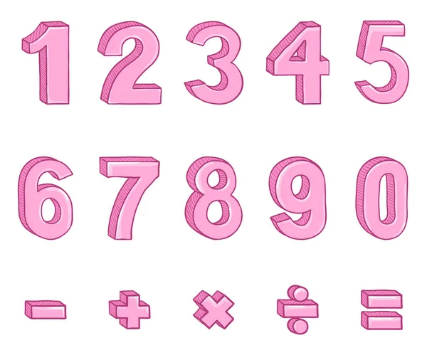 Set Cartoon Pink Numbers Mathematical Signs — Stock Vector