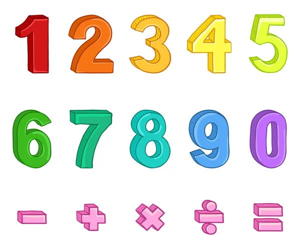 Serie Cartoni Animati Numeri Multicolori Segni Matematici — Vettoriale Stock