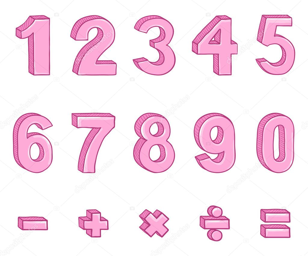 Set of Cartoon Pink Numbers and Mathematical Signs.
