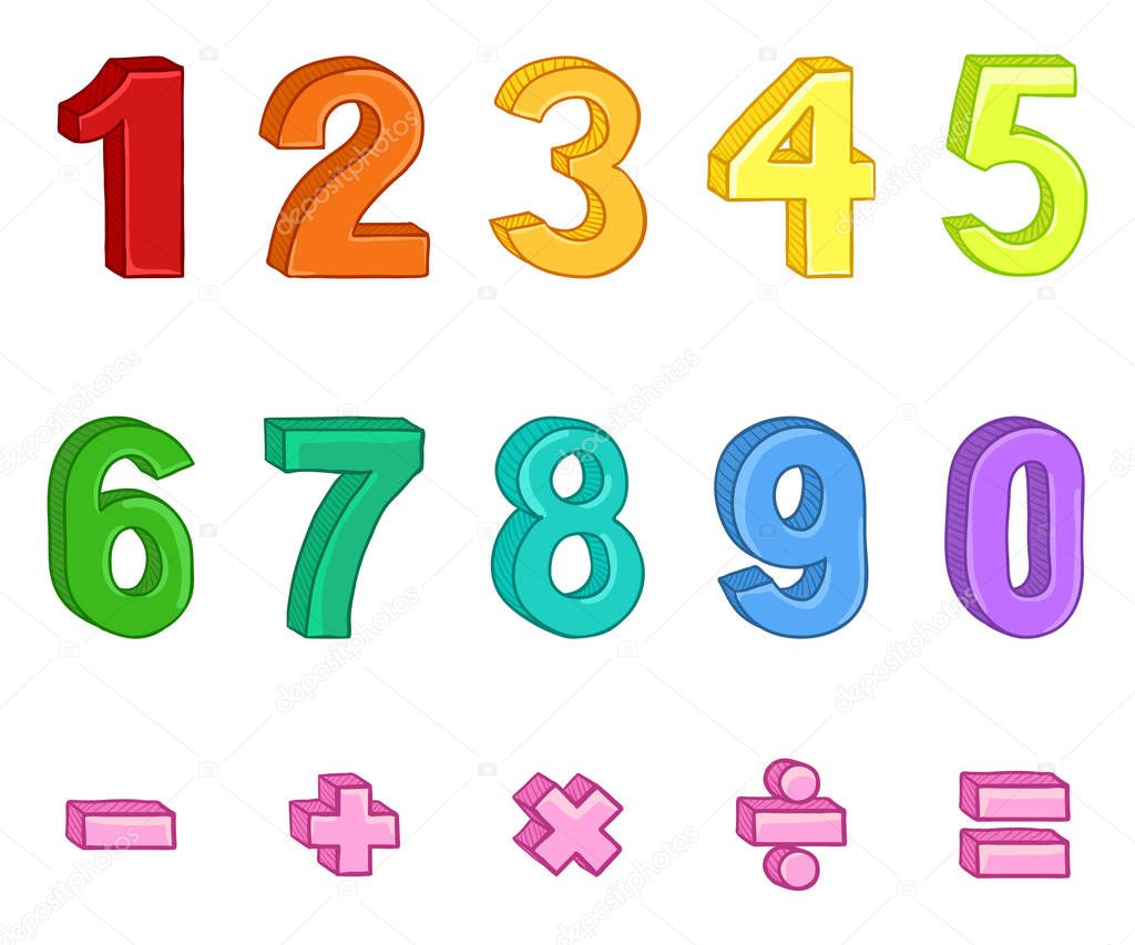 Set of Cartoon Multicolor Numbers and Mathematical Signs.