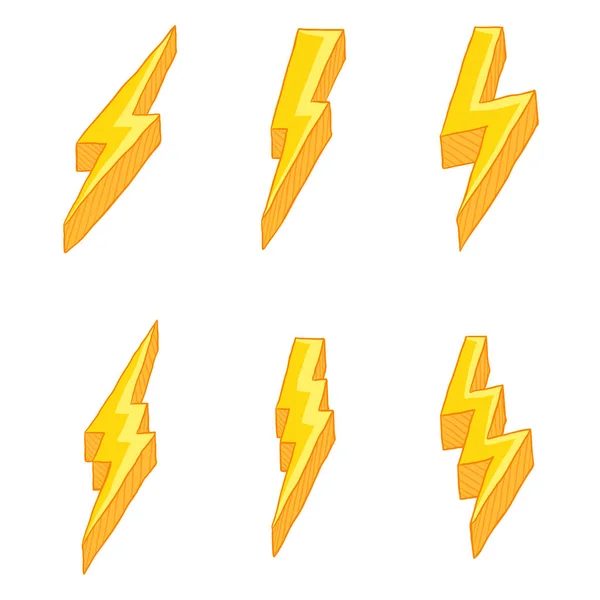 Wektor Zestaw Kreskówka Żółty Thunder Oświetlenie Symbol Objawy Thunderbolt — Wektor stockowy
