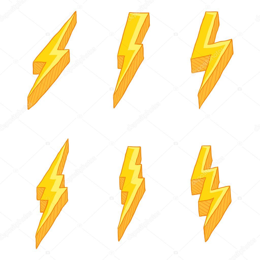 Vector Set of Cartoon Yellow Thunder Lighting Symbol. Thunderbolt Signs.
