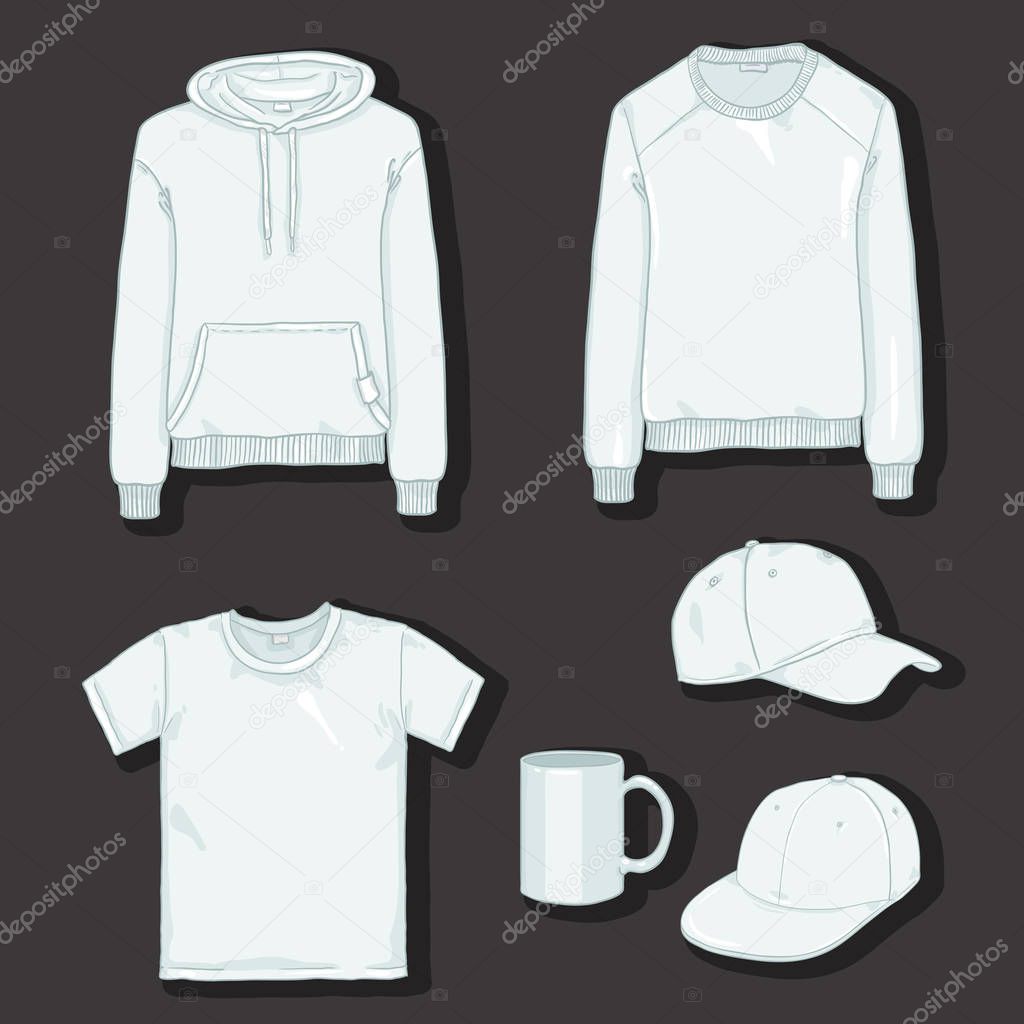 Vector Set of White Items for Print. Clothes and Cup Templates on Dark Background