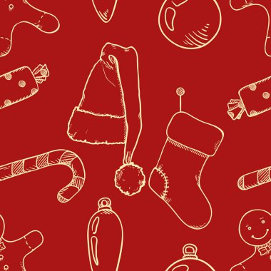 Vektör kroki Noel nesneler üzerinde kırmızı arka plan ile Seamless modeli