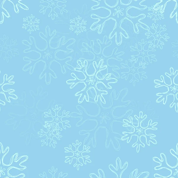 青い背景の落書き雪片でシームレスなパターン ベクトル — ストックベクタ