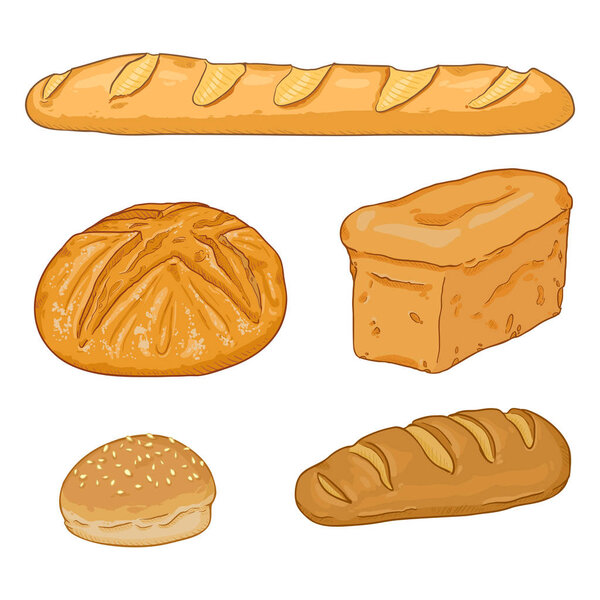 Vector Cartoon Set of Bread Loaves and Baguettes