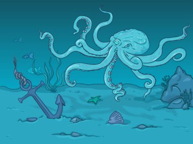 Vektör karikatür çizim - derin mavi okyanusun turkuaz ahtapot