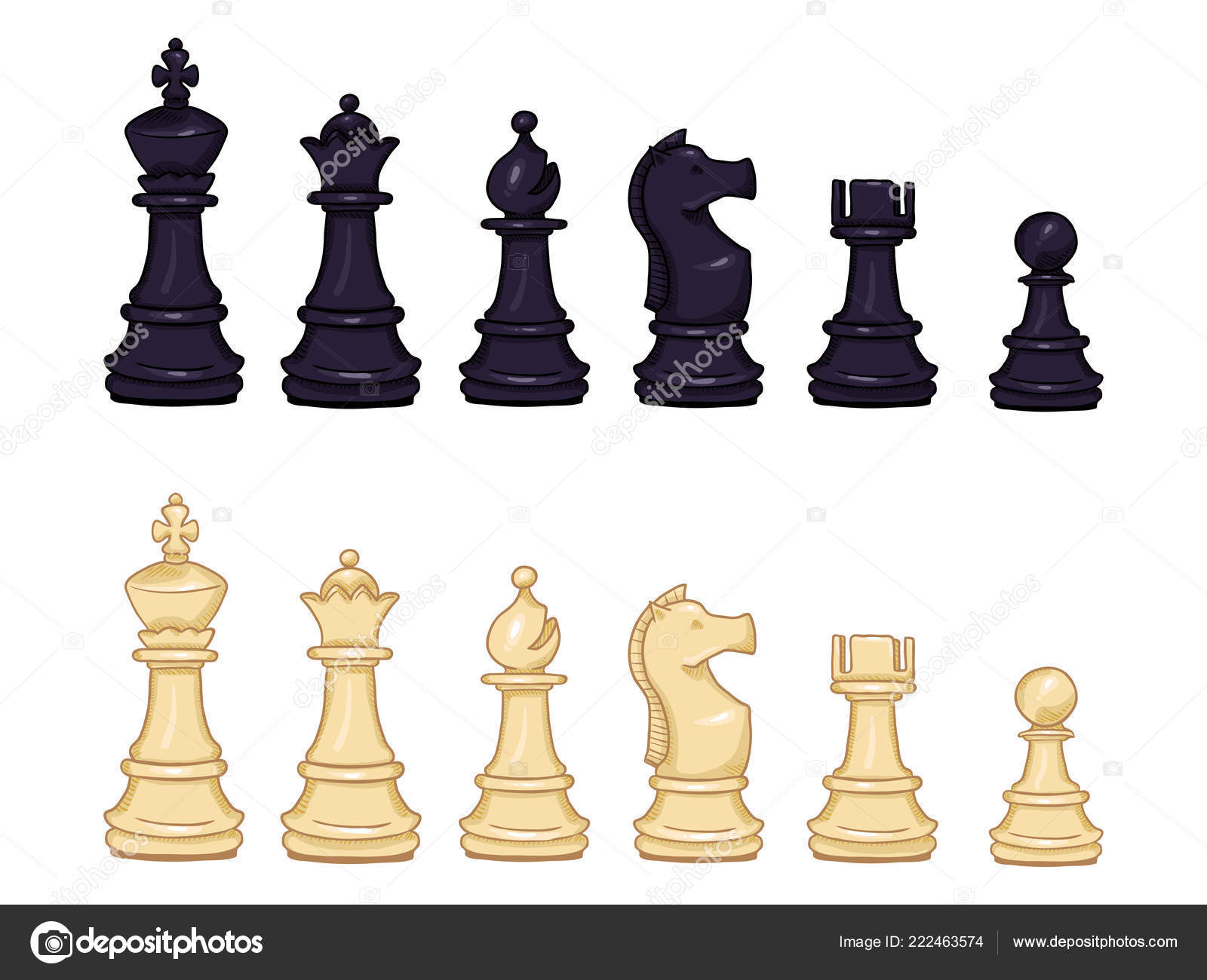 Cartoon black and white chess pieces icons. Flat chessmen, queen