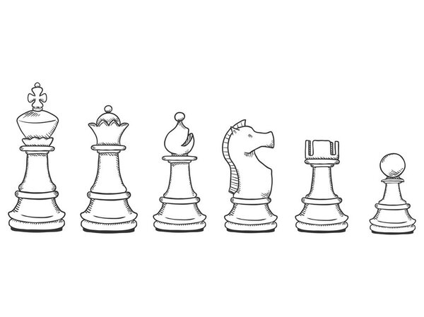 Vector Set of Black Sketch Chess Pieces. Full Chess Figures Collection.