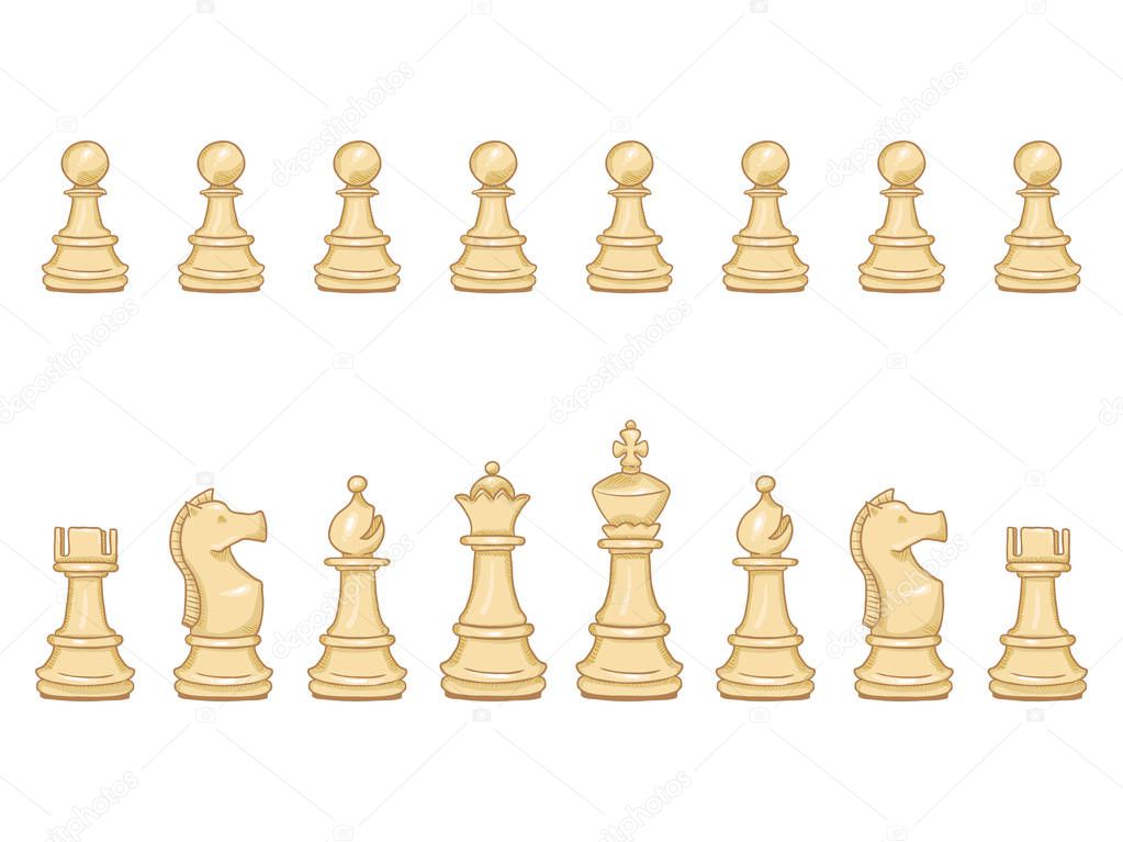 Vector Set of Cartoon White Chess Pieces. Set for Play.