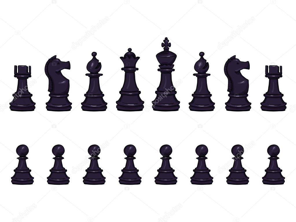 Vector Set of Cartoon Black Chess Pieces. Set for Play.