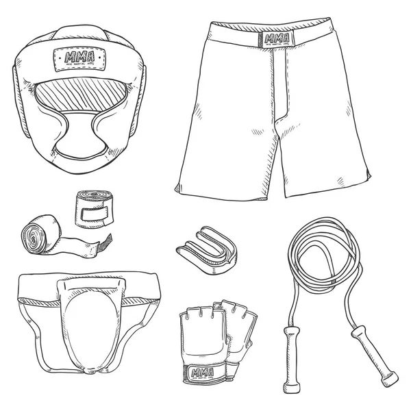 Vector Set Black Sketch Mma Training Equipment Fightwear Outfit — Stock Vector