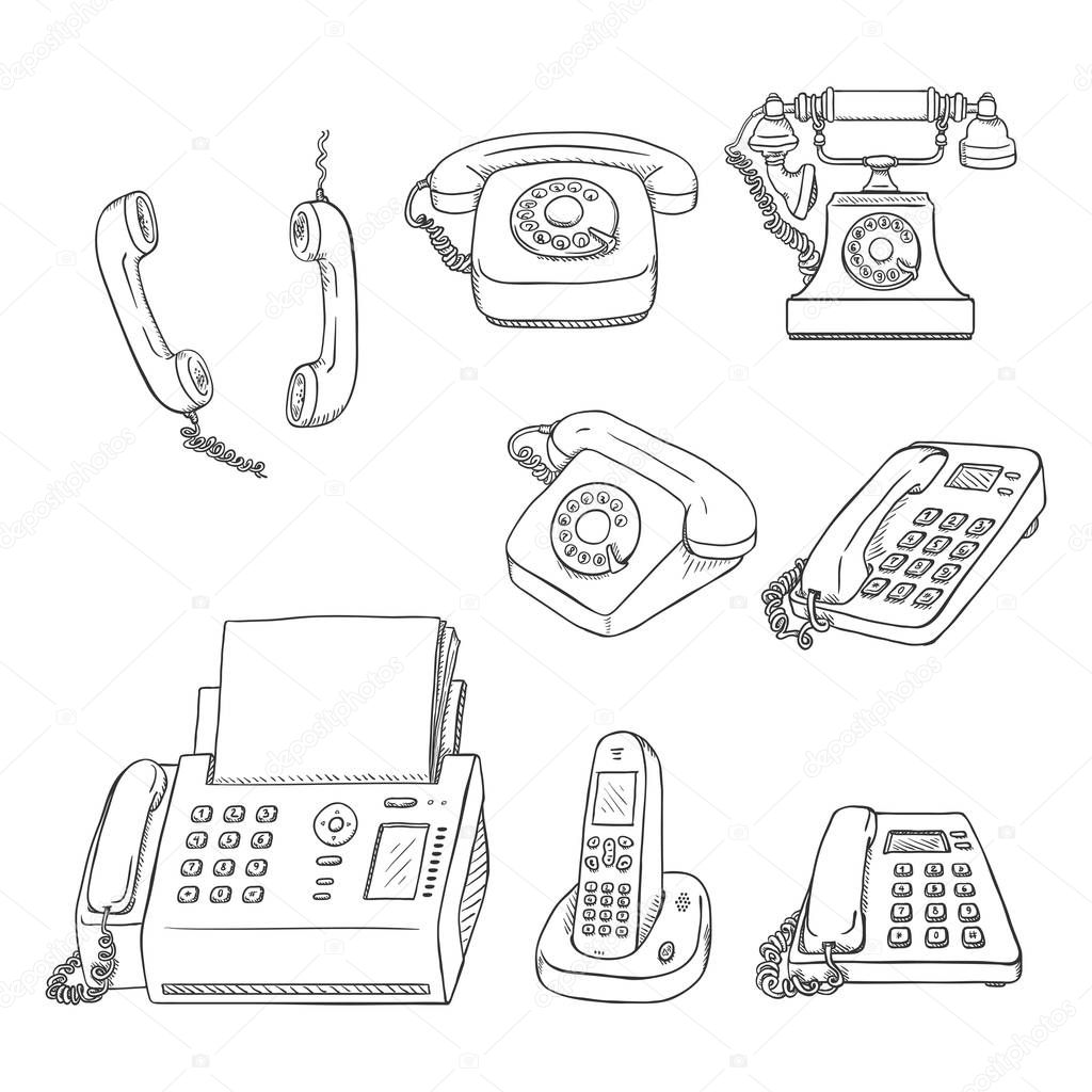 Set of Black Sketch Telephones and Handsets isolated on white background