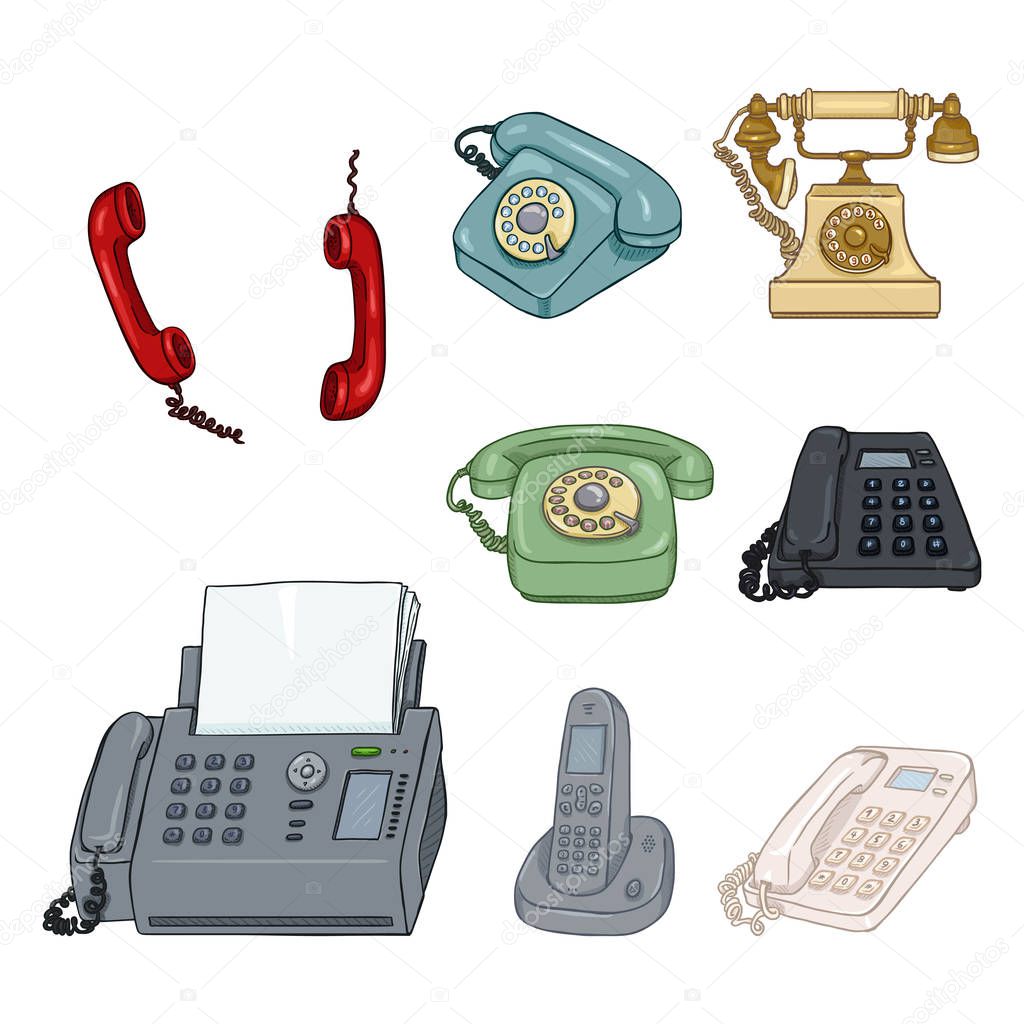 Set of Cartoon Color Telephones and Handsets isolated on white background