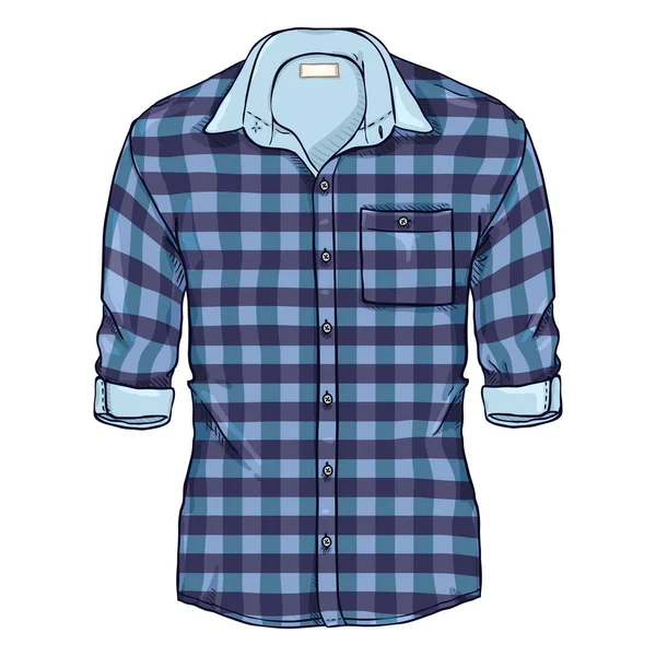 Cartoon Blauw Geruit Casual Heren Shirt Met Roll Sleeves Geïsoleerd — Stockvector