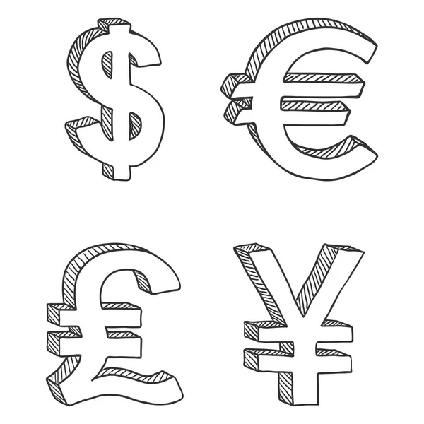 Set Sketch Currency Signs Isolated White Background — Stock Vector