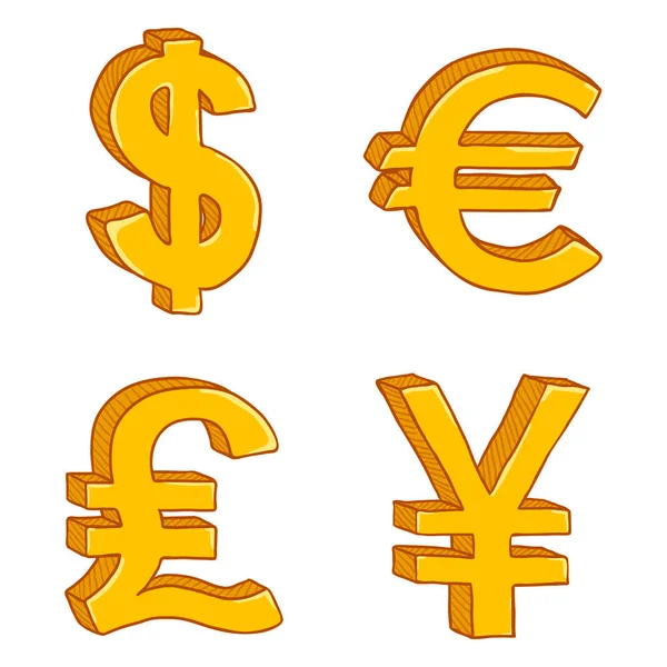 Set Cartoon Gold Currency Signs Isolated White Background — Stock Vector