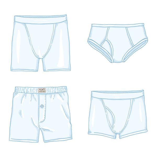 Vector Set of Cartoon White Mens Pants. Male Underwear. Different types of Underclothing.