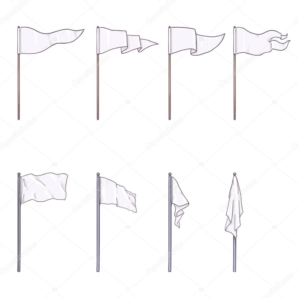 Vector Set of Cartoon White Color Flags on Wooden and Steel Flagpoles