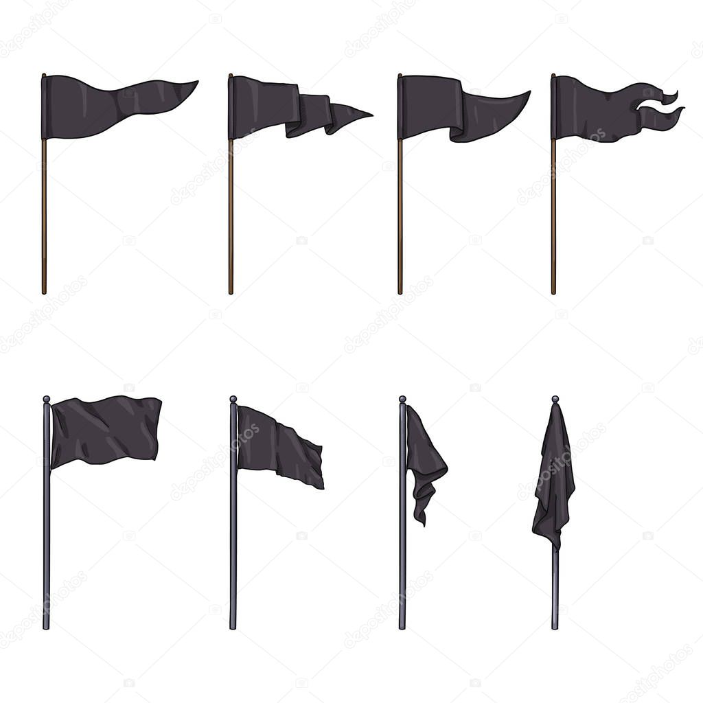 Vector Set of Cartoon Black Color Flags on Wooden and Steel Flagpoles
