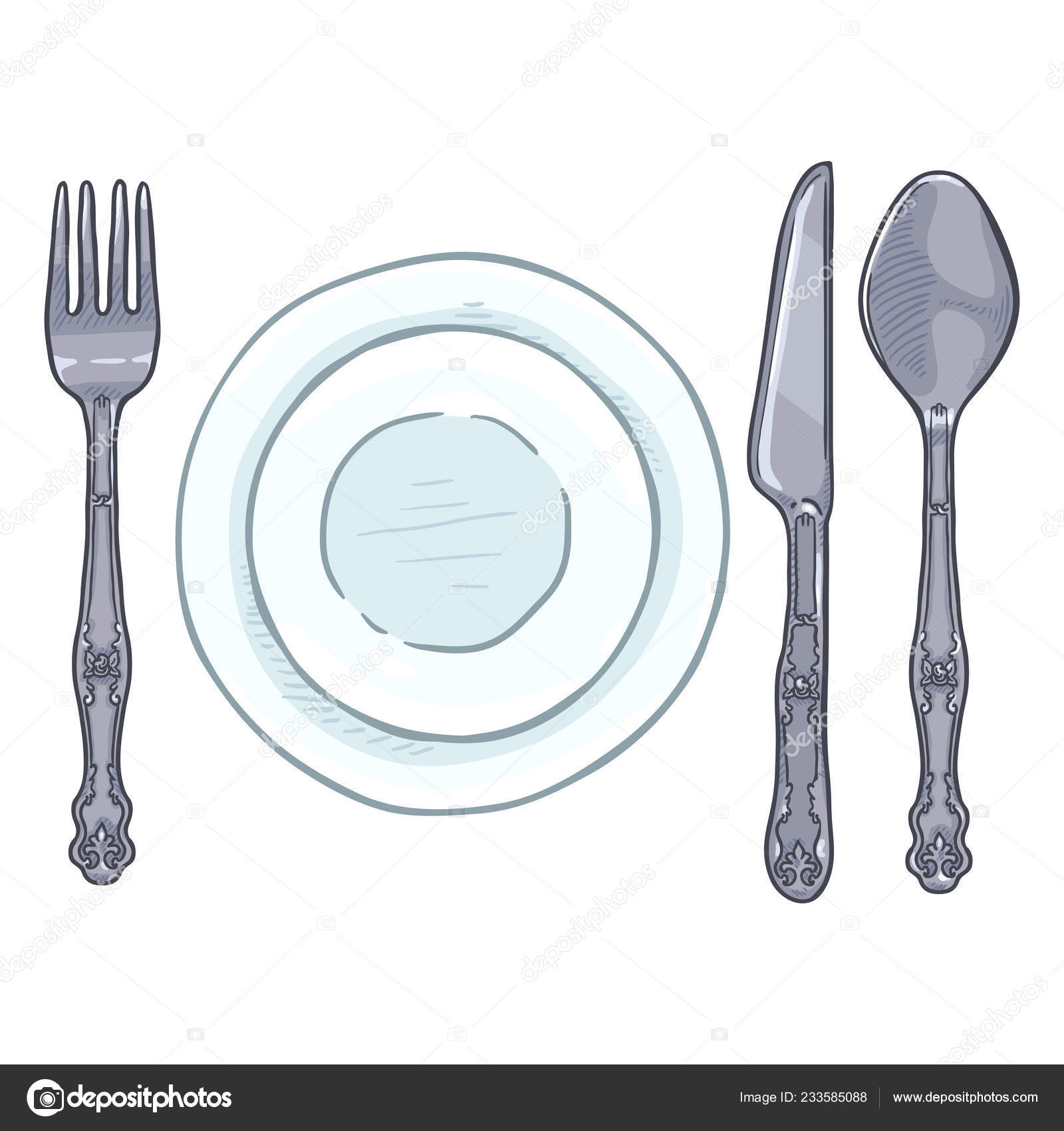 Vector Cartoon Dining Set Vintage Silver Fork Knife Spoon Porcelain Stock  Vector Image by ©nikiteev #233585088