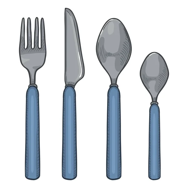 Set Posate Vector Cartoon Con Manici Plastica Blu Coltello Forchetta — Vettoriale Stock