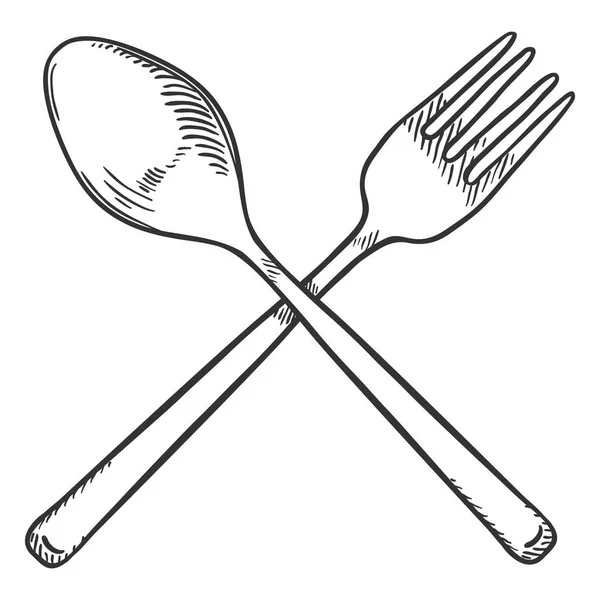 Vector Sketch Crossed Cutlery Garfo Colher — Vetor de Stock