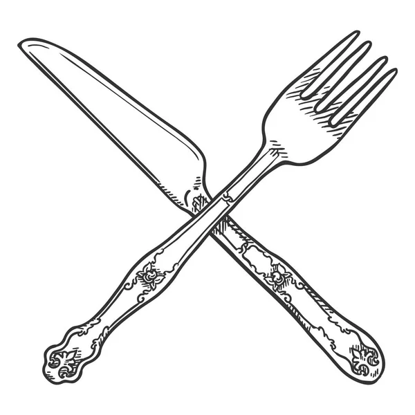 Vector Sketch Vintage Crossed Fork Knife — Stock Vector