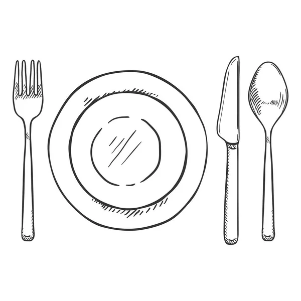 矢量素描餐具 勺子及盘子 — 图库矢量图片