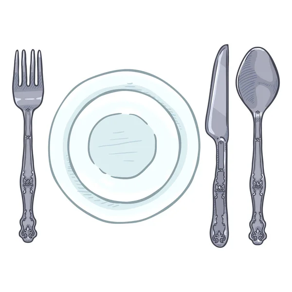 Vector Cartoon Dining Set Vintage Silver Fork Knife Spoon Porcelain — Stock Vector
