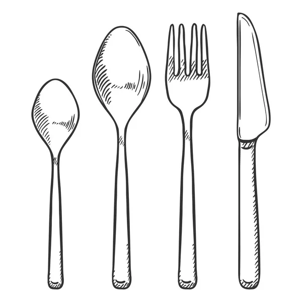 Vector Sketch Set Cutlery Knife Fork Spoons — Stock Vector