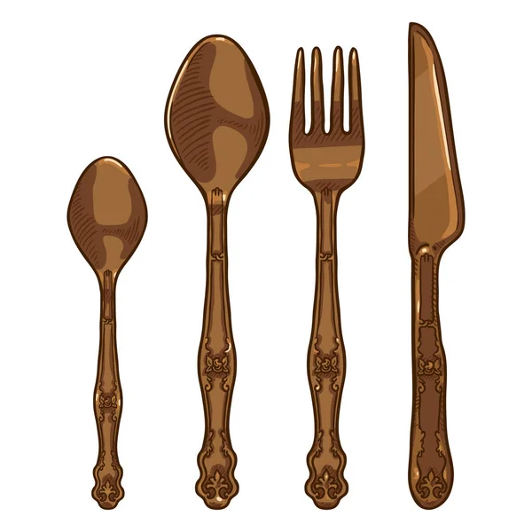 Vector Cartoon Set Vintage Bronze Cutlery Knife Fork Spoon Tea — Stock Vector