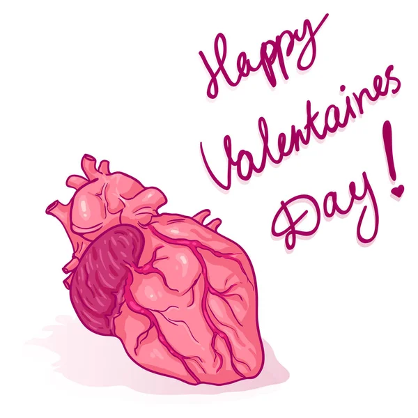 Векторная Открытка Карикатурой Днем Святого Валентина Розовая Анатомия Человеческого Сердца — стоковый вектор
