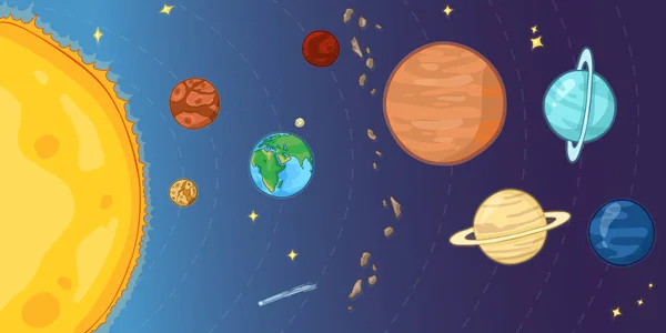 Διάνυσμα Καρτούν Εικονογράφηση Του Ηλιακού Συστήματος Ήλιο Όλοι Πλανήτες Αστέρια — Διανυσματικό Αρχείο