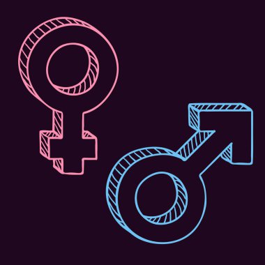 Vektör çizimi cinsiyet simgeleri. Siyah zemin üzerine mavi erkek ve pembe kadın işaretleri