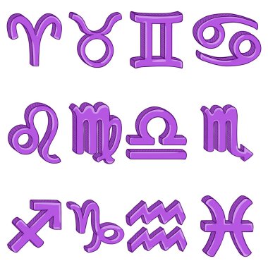 Vektör çizgi film Set 12 mor zodyak işaretleri