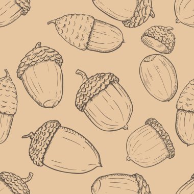 Vektör Dikişsiz sonbahar desenle kroki meşe palamutları kahverengi zemin üzerine