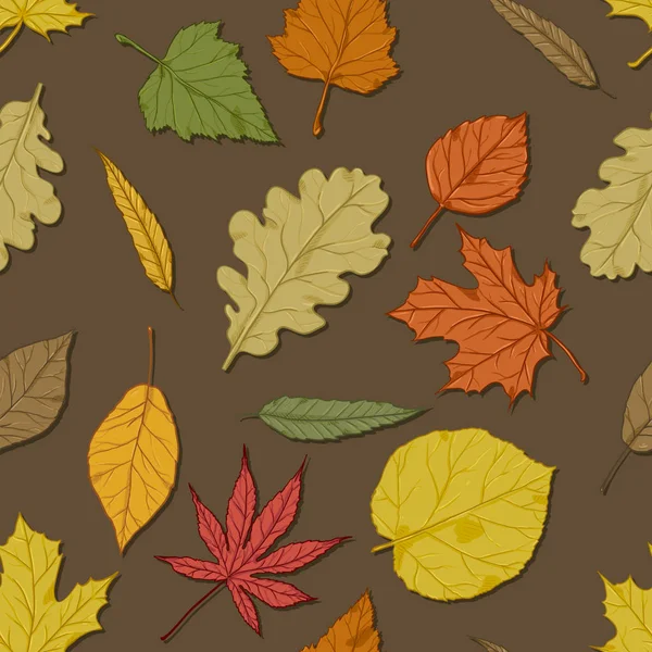 在棕色背景上叶子的向量无缝秋天样式 — 图库矢量图片