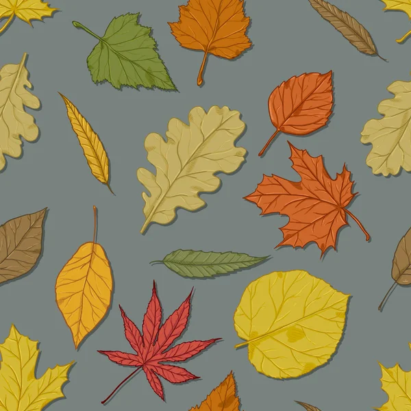 灰色背景上叶子的矢量无缝秋季图案 — 图库矢量图片