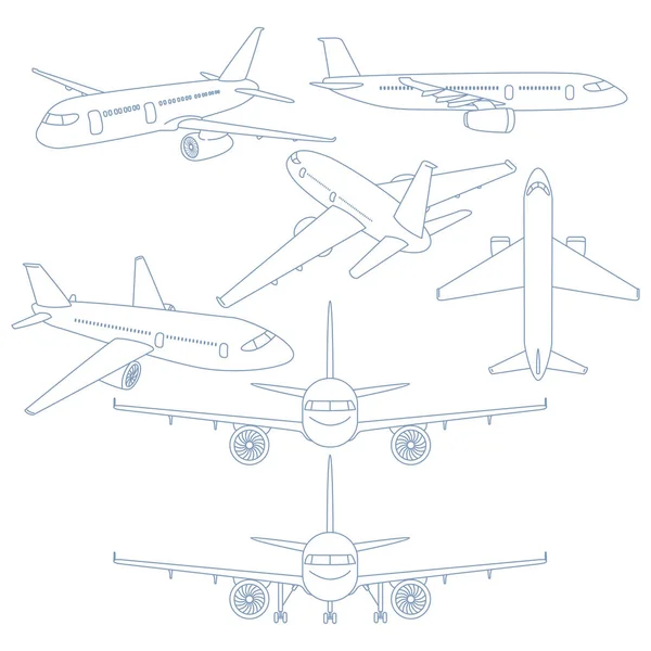 Vektorové Sada Modrý Obrys Letadla Ilustrace Kreslení Kontur Letadla — Stockový vektor