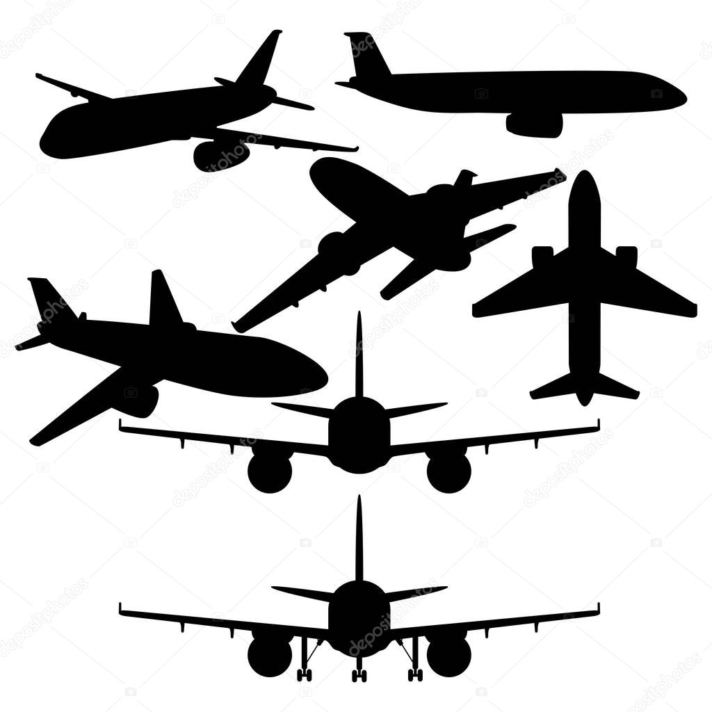 Vector Set of Black Civil Airplanes Silhouettes