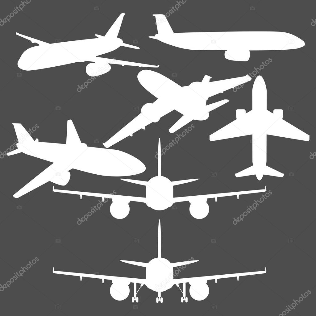 Vector Set of White Civil Airplanes Silhouettes