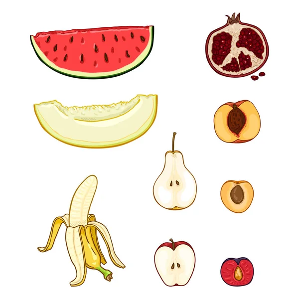 Ensemble Vectoriel Morceaux Fruits Bande Dessinée Melon Pastèque Poire Banane — Image vectorielle